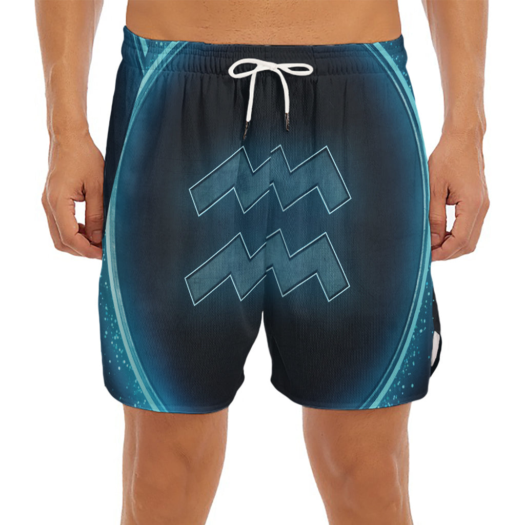 Blue Aquarius Zodiac Sign Print Men's Split Running Shorts