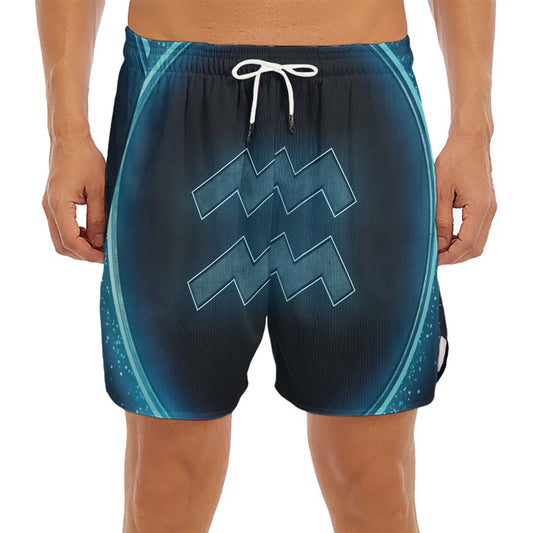 Blue Aquarius Zodiac Sign Print Men's Split Running Shorts