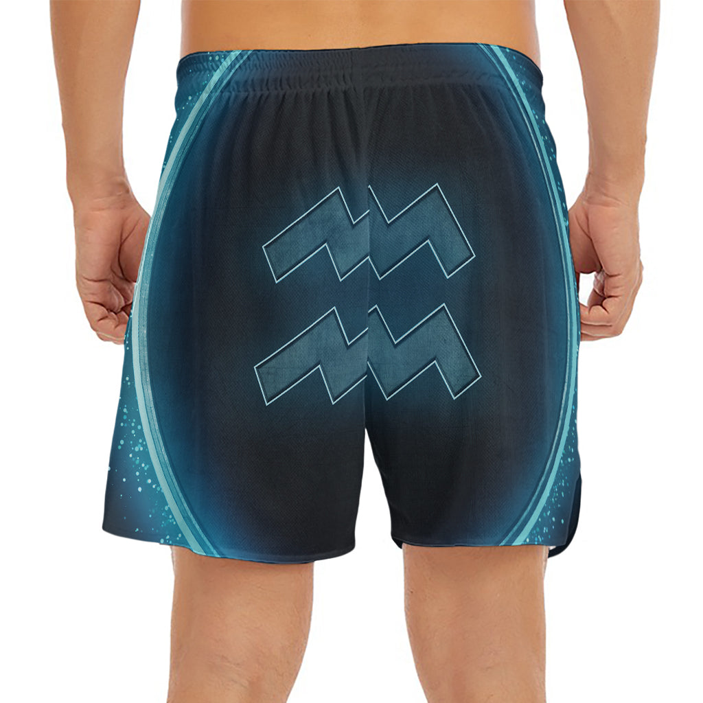 Blue Aquarius Zodiac Sign Print Men's Split Running Shorts