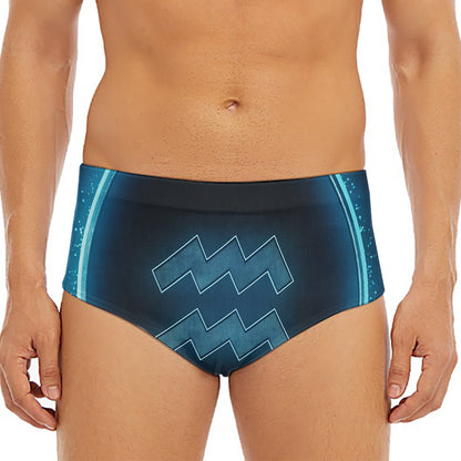 Blue Aquarius Zodiac Sign Print Men's Triangle Swim Briefs
