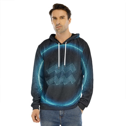 Blue Aquarius Zodiac Sign Print Men's Velvet Pullover Hoodie