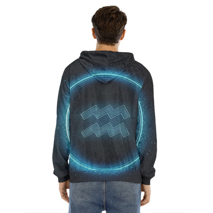 Blue Aquarius Zodiac Sign Print Men's Velvet Pullover Hoodie