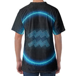 Blue Aquarius Zodiac Sign Print Men's Velvet T-Shirt