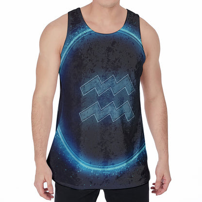Blue Aquarius Zodiac Sign Print Men's Velvet Tank Top