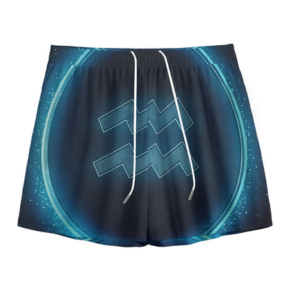 Blue Aquarius Zodiac Sign Print Mesh Shorts