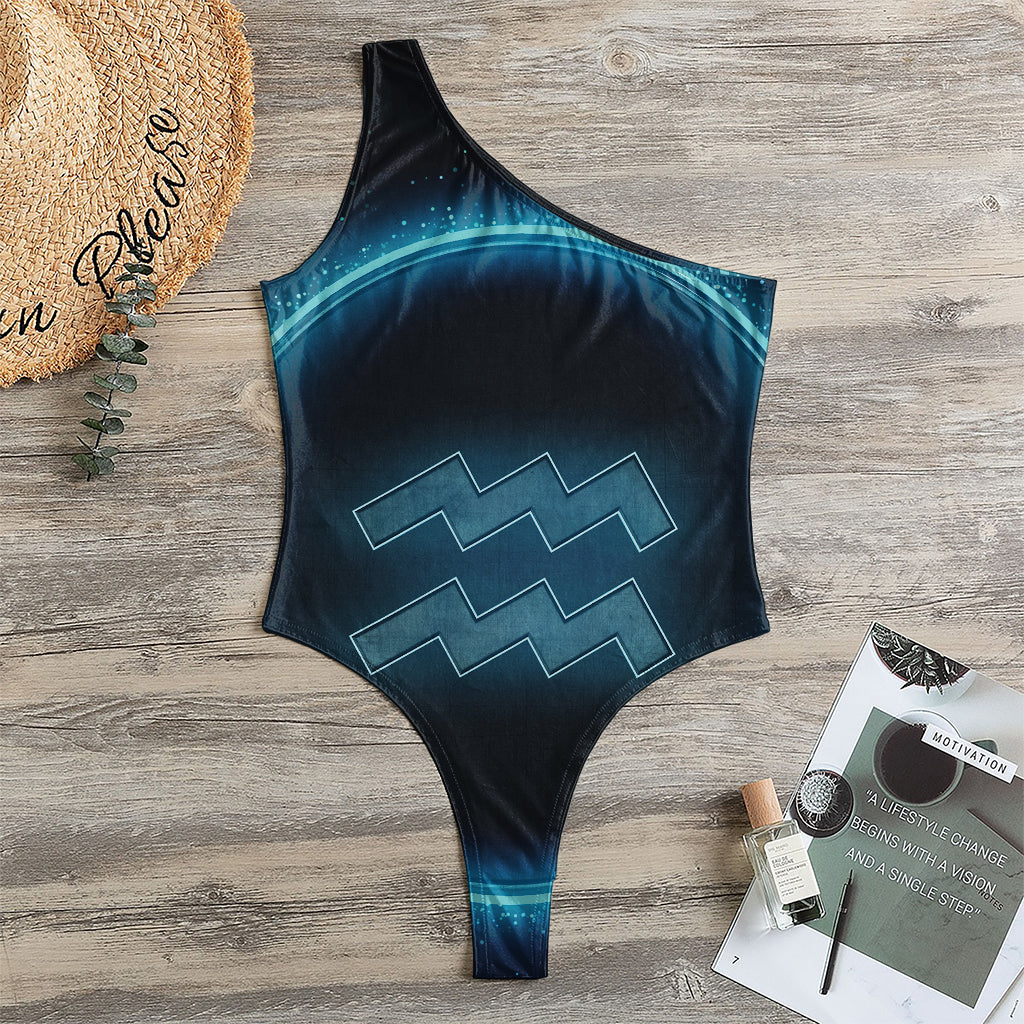 Blue Aquarius Zodiac Sign Print One Shoulder Bodysuit