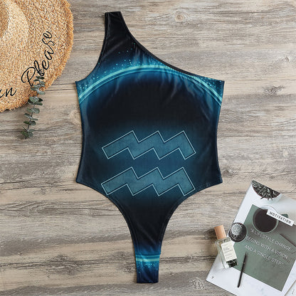 Blue Aquarius Zodiac Sign Print One Shoulder Bodysuit