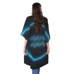 Blue Aquarius Zodiac Sign Print Open Front Beach Cover Up