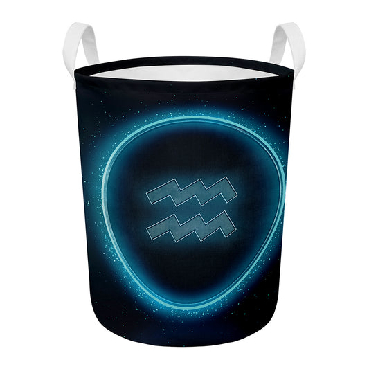 Blue Aquarius Zodiac Sign Print Round Laundry Basket