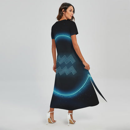 Blue Aquarius Zodiac Sign Print Short Sleeve Maxi Dress