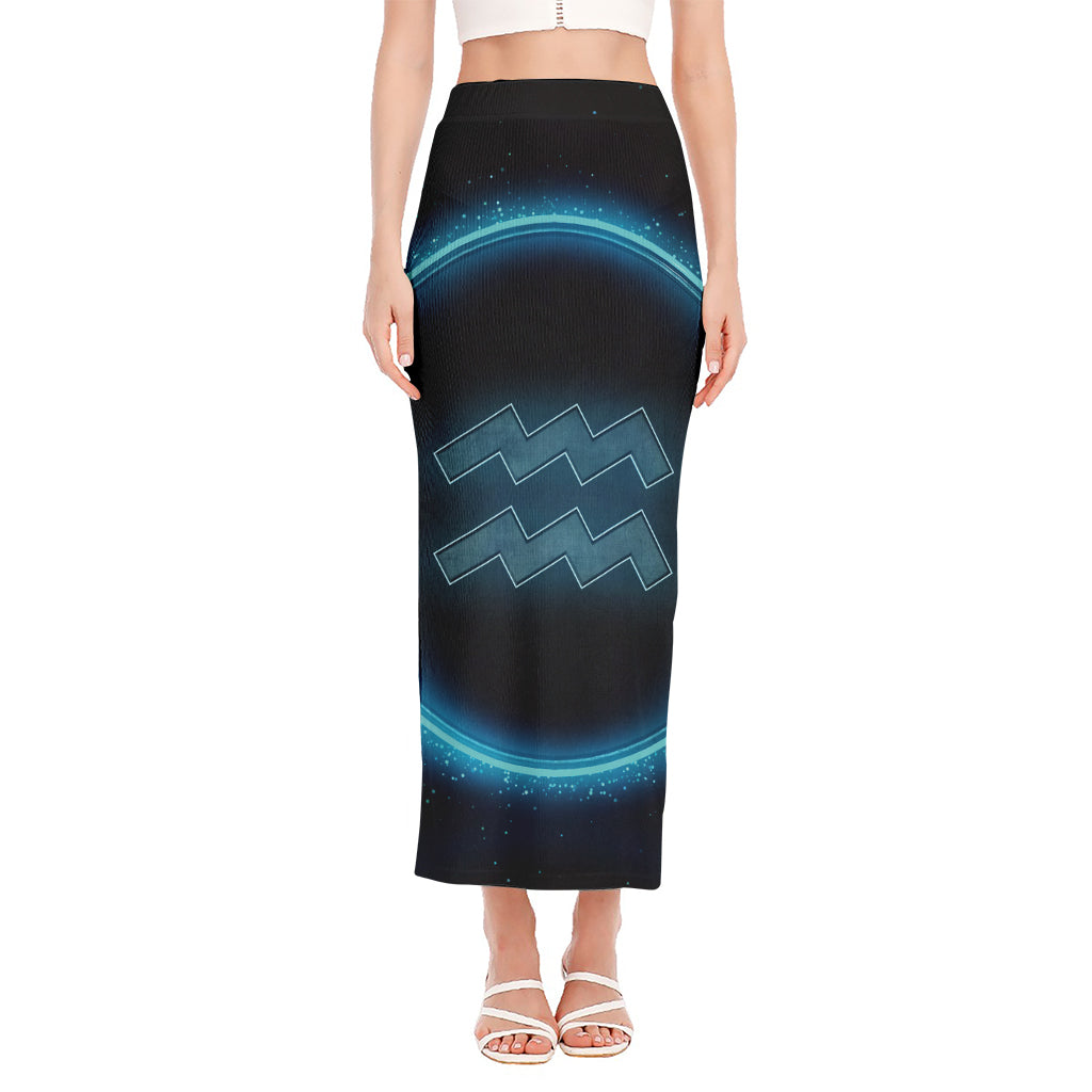 Blue Aquarius Zodiac Sign Print Side Slit Maxi Skirt