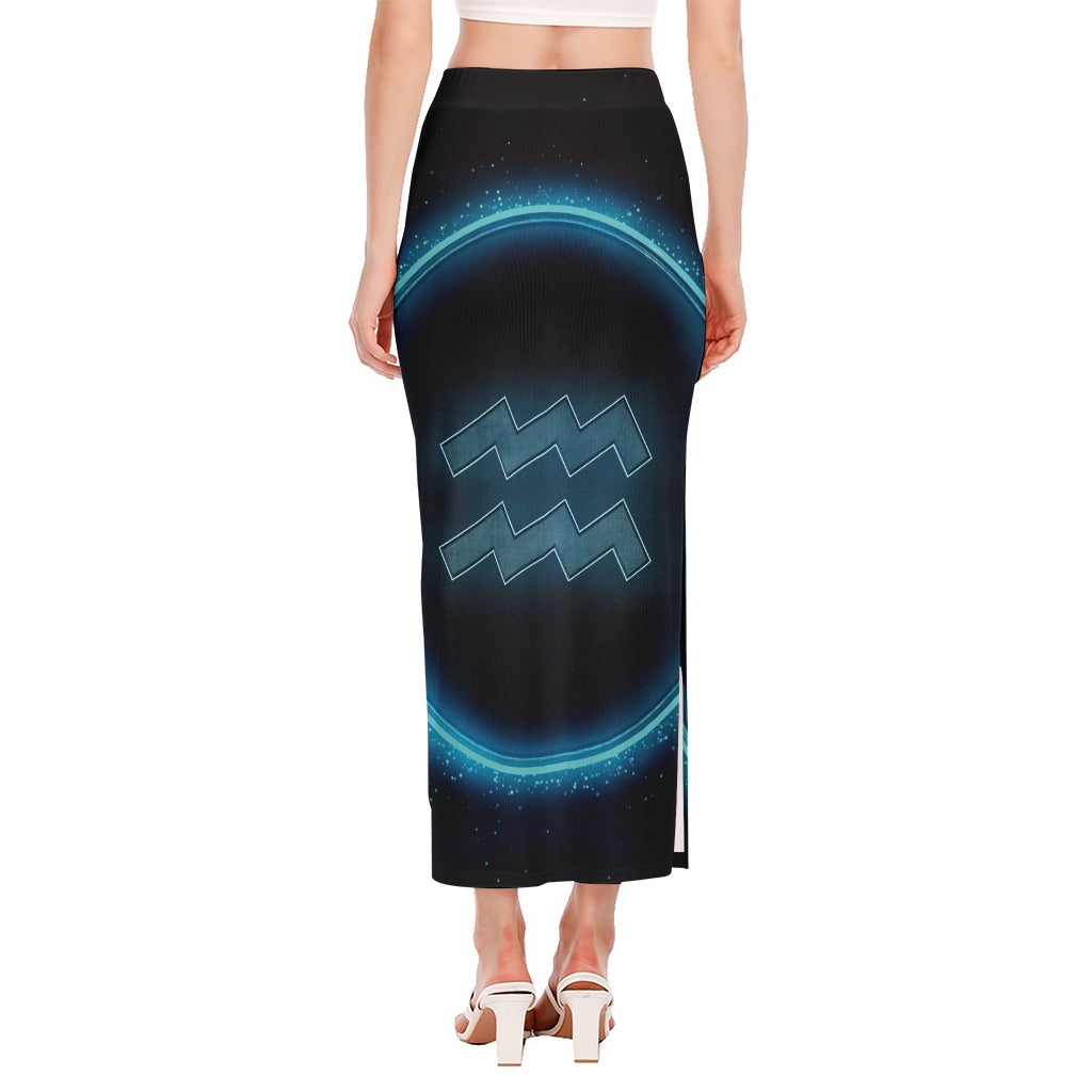 Blue Aquarius Zodiac Sign Print Side Slit Maxi Skirt