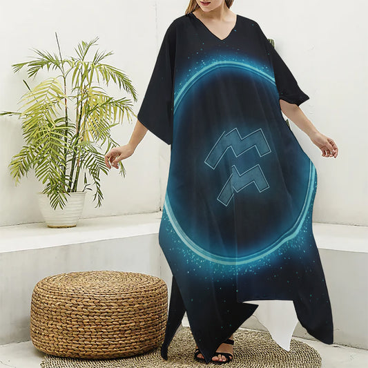 Blue Aquarius Zodiac Sign Print Silk V-Neck Kaftan Dress