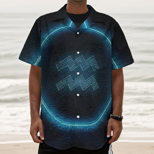 Blue Aquarius Zodiac Sign Print Textured Short Sleeve Shirt