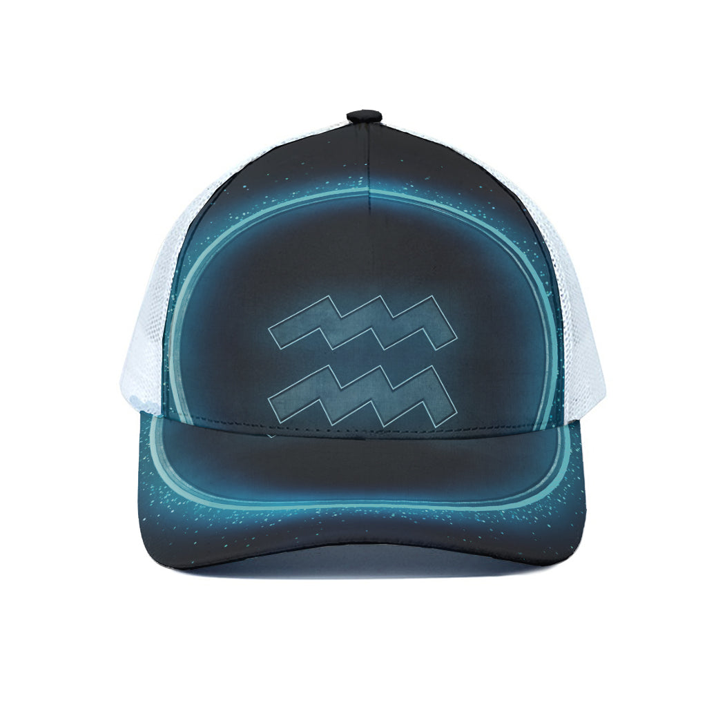 Blue Aquarius Zodiac Sign Print White Mesh Trucker Cap