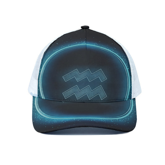 Blue Aquarius Zodiac Sign Print White Mesh Trucker Cap