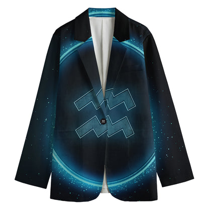 Blue Aquarius Zodiac Sign Print Women's Cotton Blazer