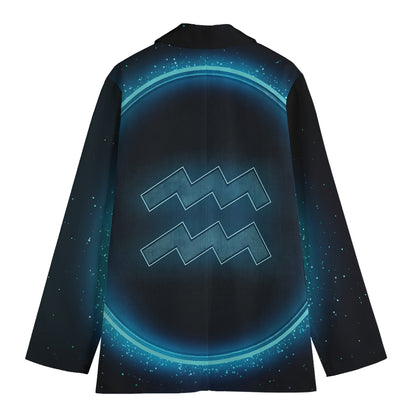 Blue Aquarius Zodiac Sign Print Women's Cotton Blazer