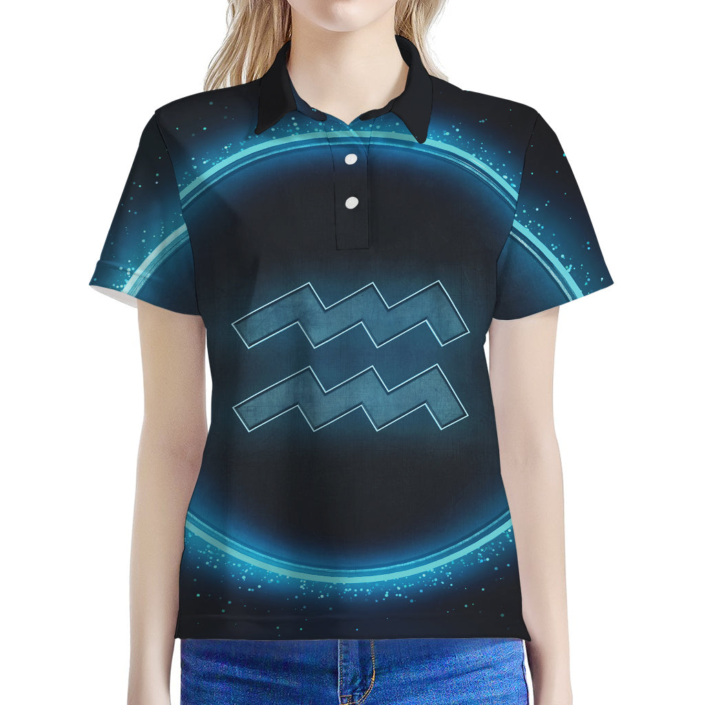 Blue Aquarius Zodiac Sign Print Women's Polo Shirt