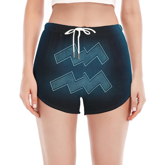 Blue Aquarius Zodiac Sign Print Women's Split Running Shorts