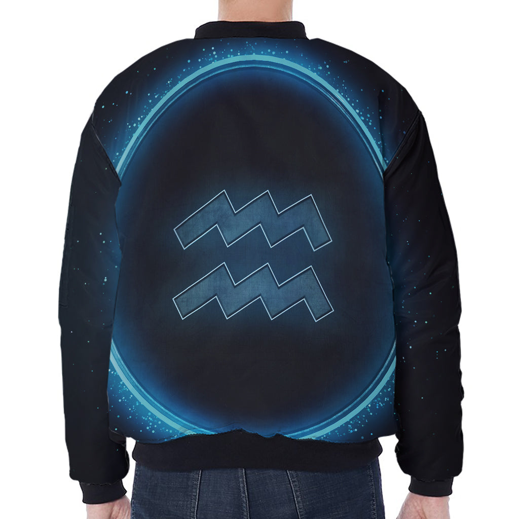 Blue Aquarius Zodiac Sign Print Zip Sleeve Bomber Jacket