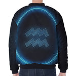 Blue Aquarius Zodiac Sign Print Zip Sleeve Bomber Jacket