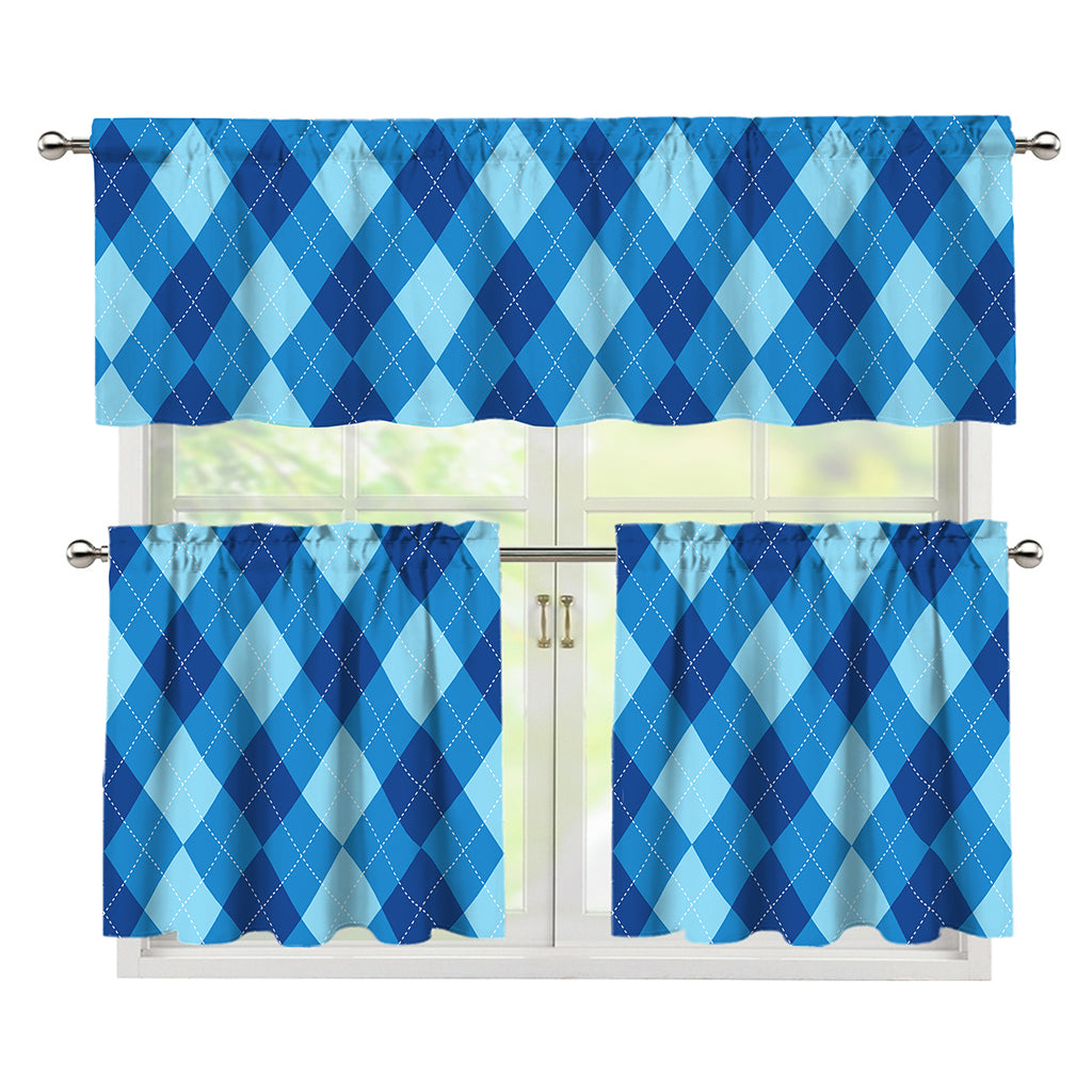 Blue Argyle Pattern Print 3 Piece Kitchen Curtains