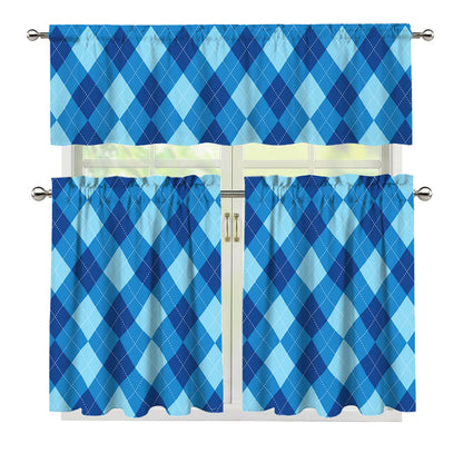 Blue Argyle Pattern Print 3 Piece Kitchen Curtains