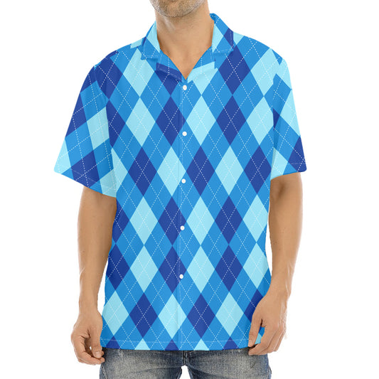 Blue Argyle Pattern Print Aloha Shirt