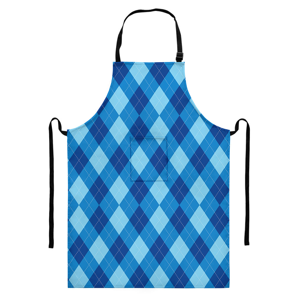 Blue Argyle Pattern Print Bib Apron With Pocket