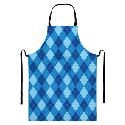 Blue Argyle Pattern Print Bib Apron With Pocket