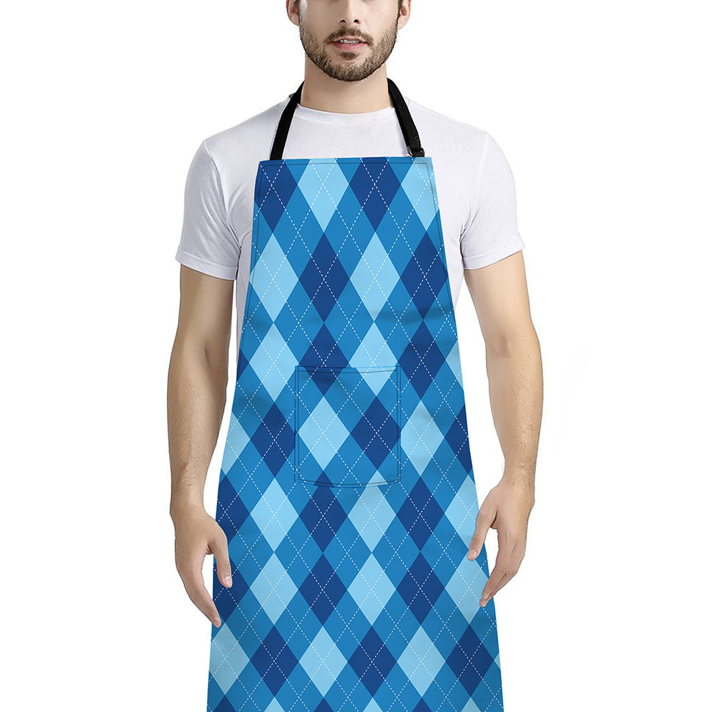 Blue Argyle Pattern Print Bib Apron With Pocket