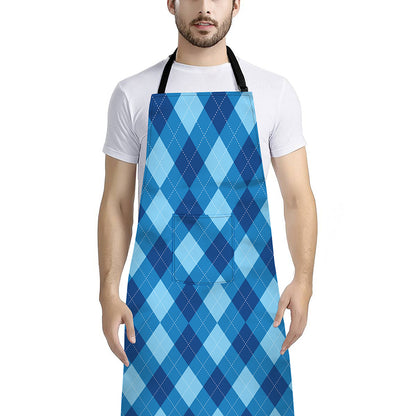Blue Argyle Pattern Print Bib Apron With Pocket