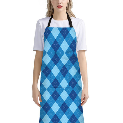Blue Argyle Pattern Print Bib Apron With Pocket