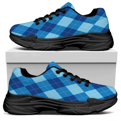 Blue Argyle Pattern Print Black Chunky Shoes