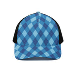 Blue Argyle Pattern Print Black Mesh Trucker Cap