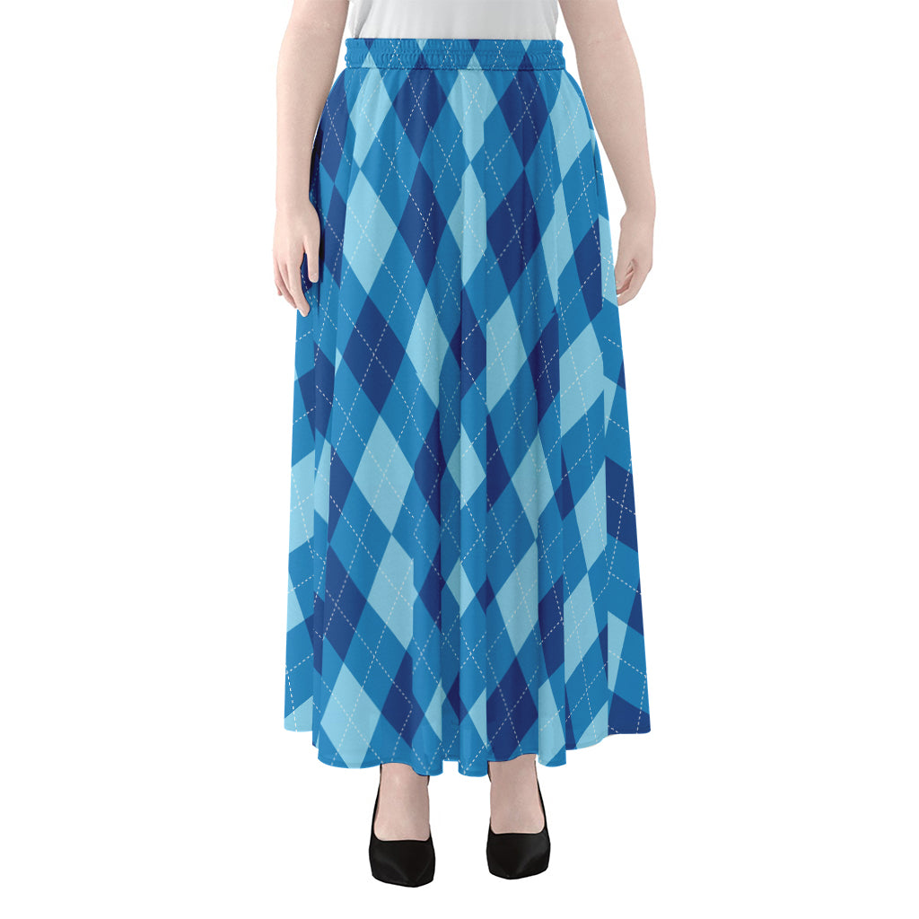Blue Argyle Pattern Print Chiffon Maxi Skirt