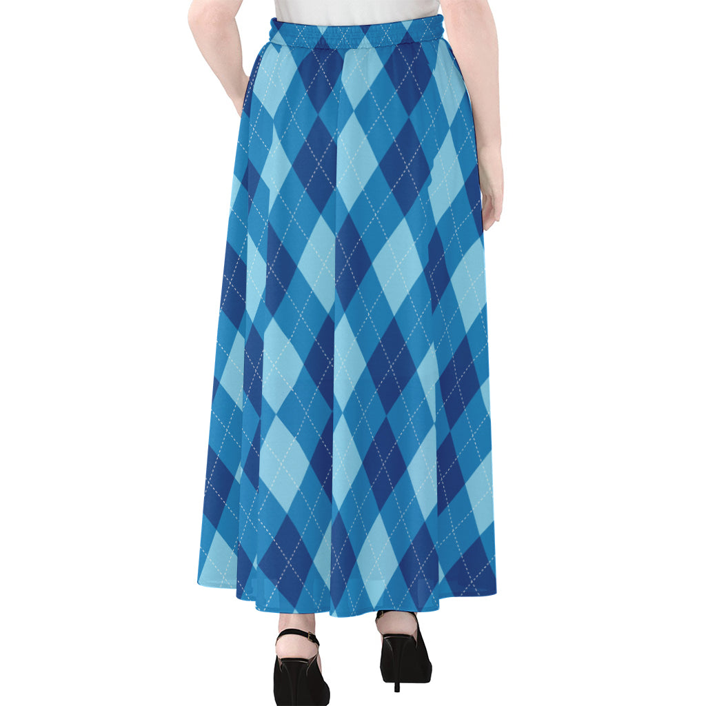 Blue Argyle Pattern Print Chiffon Maxi Skirt