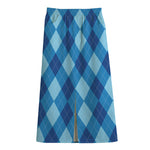 Blue Argyle Pattern Print Cotton Front Slit Maxi Skirt