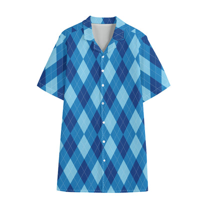 Blue Argyle Pattern Print Cotton Hawaiian Shirt
