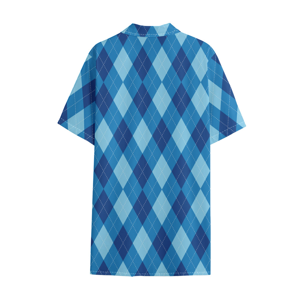 Blue Argyle Pattern Print Cotton Hawaiian Shirt