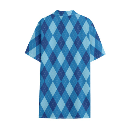 Blue Argyle Pattern Print Cotton Hawaiian Shirt