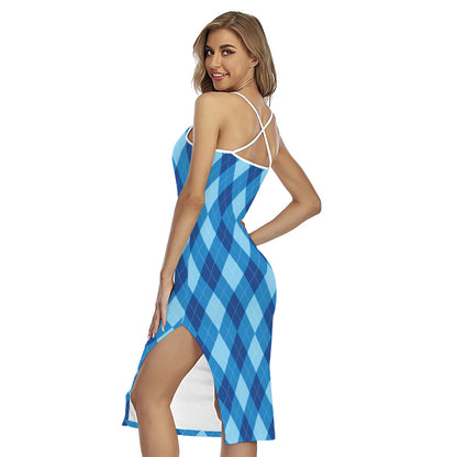 Blue Argyle Pattern Print Cross Back Cami Dress