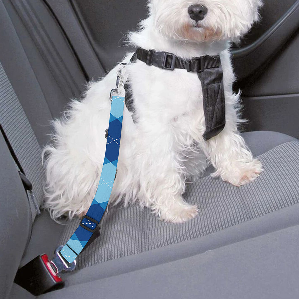 Blue Argyle Pattern Print Dog Seat Belt