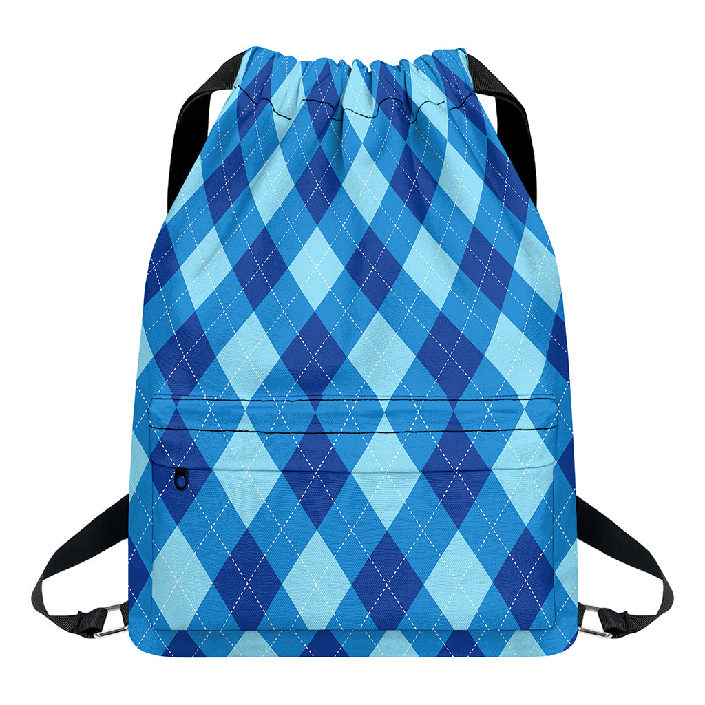 Blue Argyle Pattern Print Drawstring Backpack
