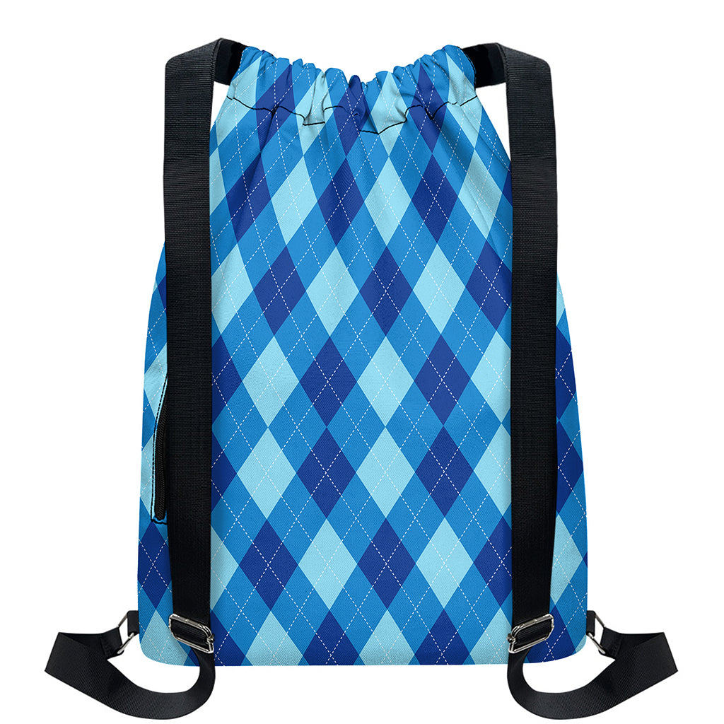 Blue Argyle Pattern Print Drawstring Backpack