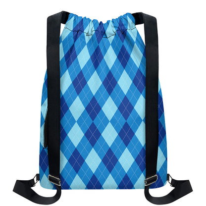 Blue Argyle Pattern Print Drawstring Backpack