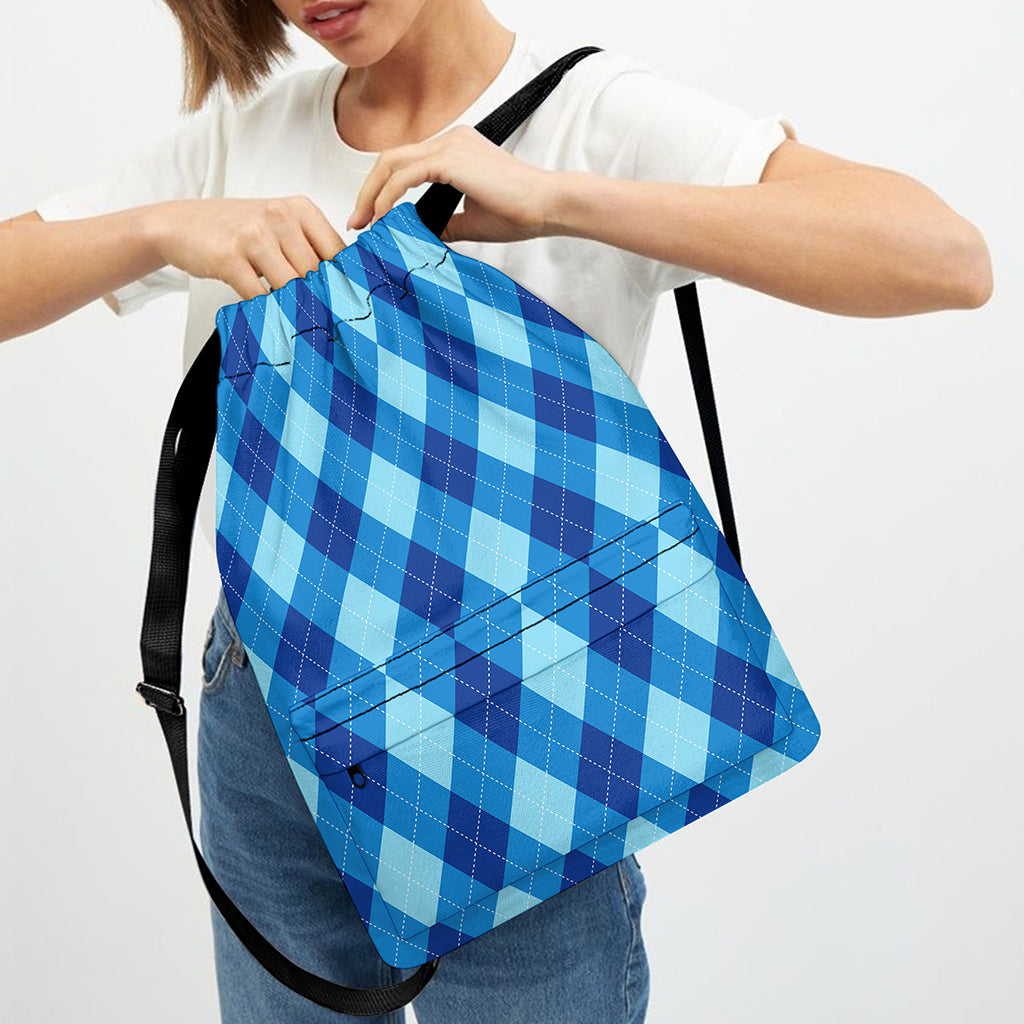 Blue Argyle Pattern Print Drawstring Backpack