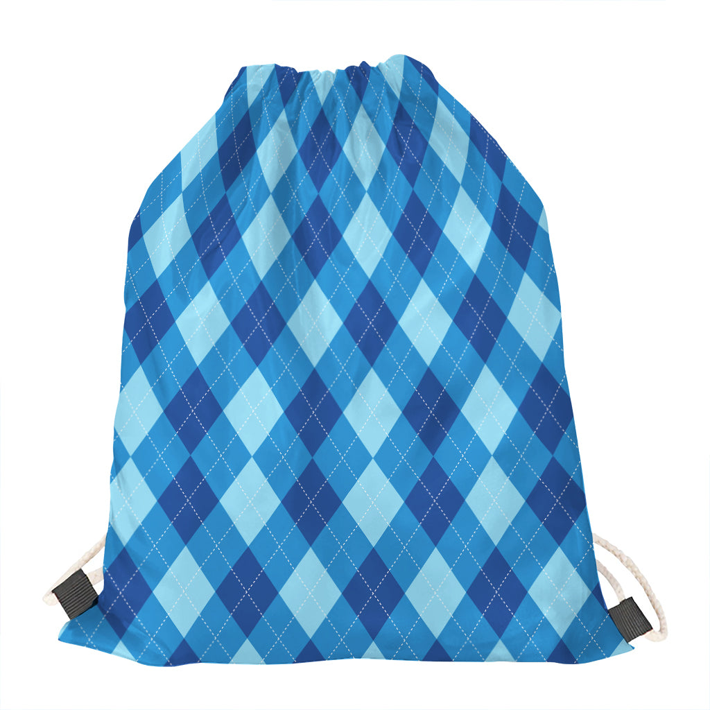 Blue Argyle Pattern Print Drawstring Bag