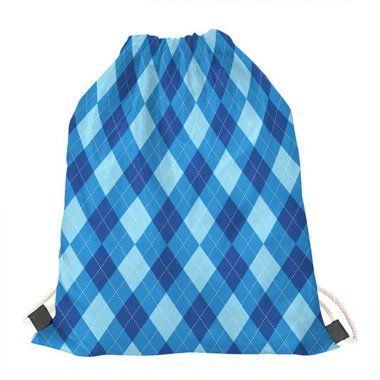 Blue Argyle Pattern Print Drawstring Bag